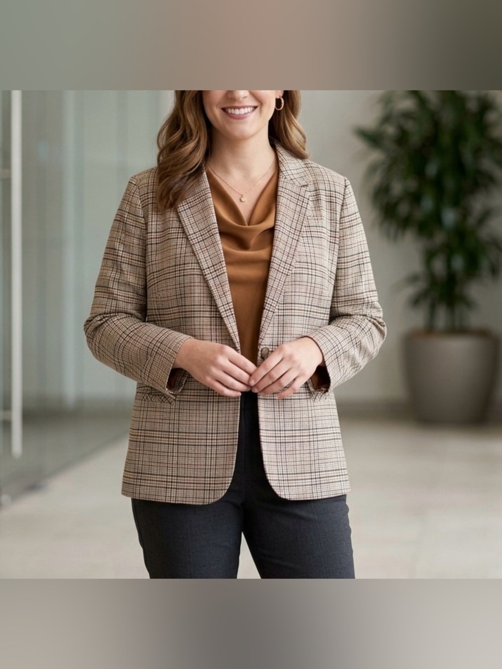 J. Jill Womens Size XL Tigers Eye Brown Plaid Career Separates Blazer Jacket NWT